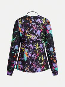 TaskEZ Graffiti Splash-Ink Print Long Sleeve Fashion Pocket Uniform Scrub Top - Multicolor - View 2