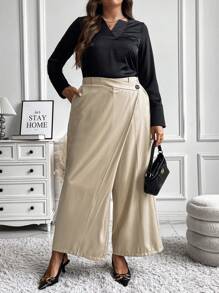 SHEIN Unity Damen Große Größen Hose mit Vorderseite, weites Bein, locker geschnitten für Büro - Khaki - Übersicht 5