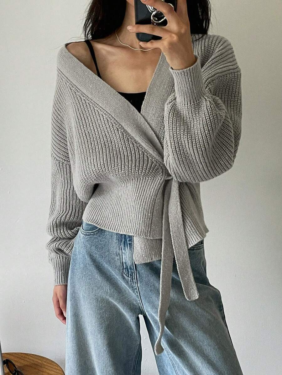 DAZY Women V-Neck Tie Front Solid Color Long Sleeve Cardigan - Grey - View 1