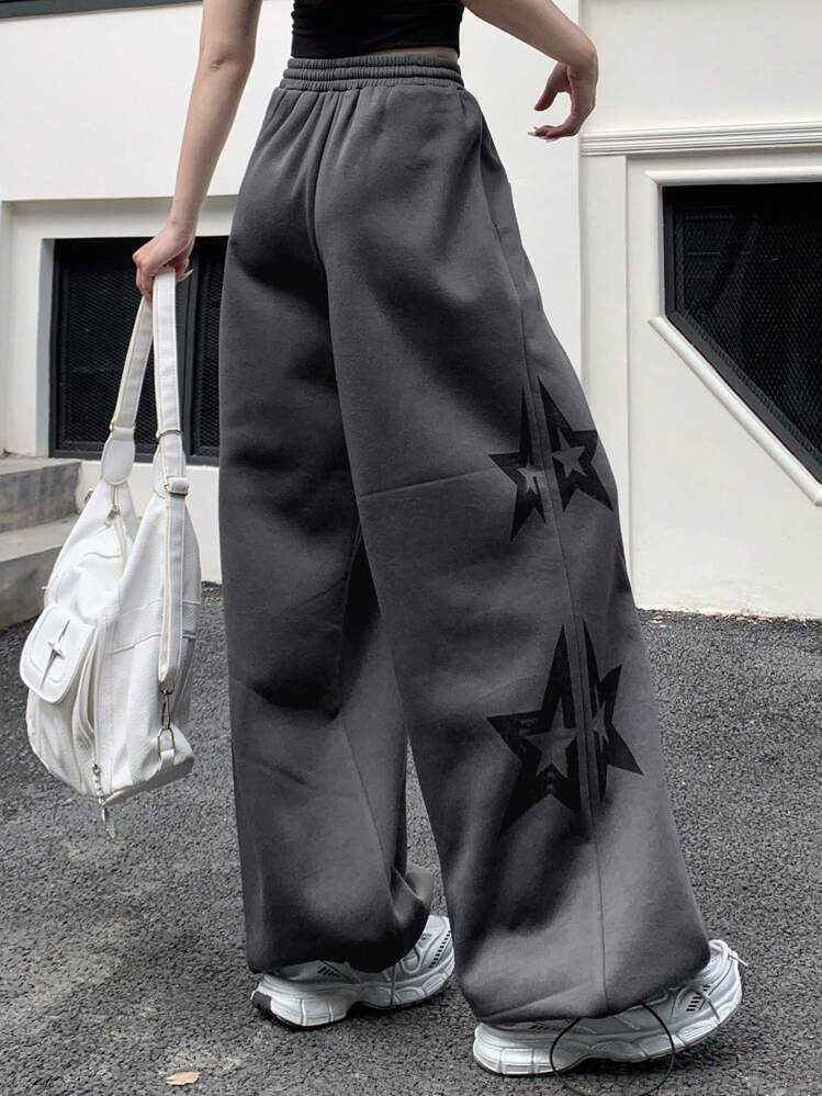 DAZY レディース ドローストリング ウエスト ゆったり スター プリント カジュアル ロングパンツ、秋 Y2k - グレー - 見る 4