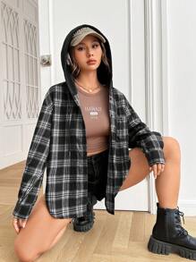 SHEIN EZwear Áo Trùm Đầu Kẻ Sọc Thường Ngày, Đen Trắng, Xuân Thu - màu đen - Xem 5