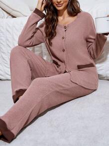 两件套女士撞色滚边纽扣上衣和罗纹绒裤家居服套装，舒适优雅，秋冬服装 - 彩色 - 查看 3