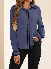 SHEIN Clasi 女士纯色简约日常长袖蓝色衬衫 - 紫色 - 查看 4