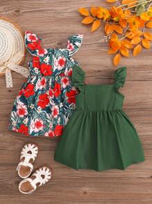 2 件套女婴度假花卉印花无袖纽扣连衣裙，夏季时尚 - 彩色 - 查看 2