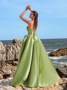 Faeriesty Satin Rhinestone Detail Formal Tube Prom Dress - Green - View 3