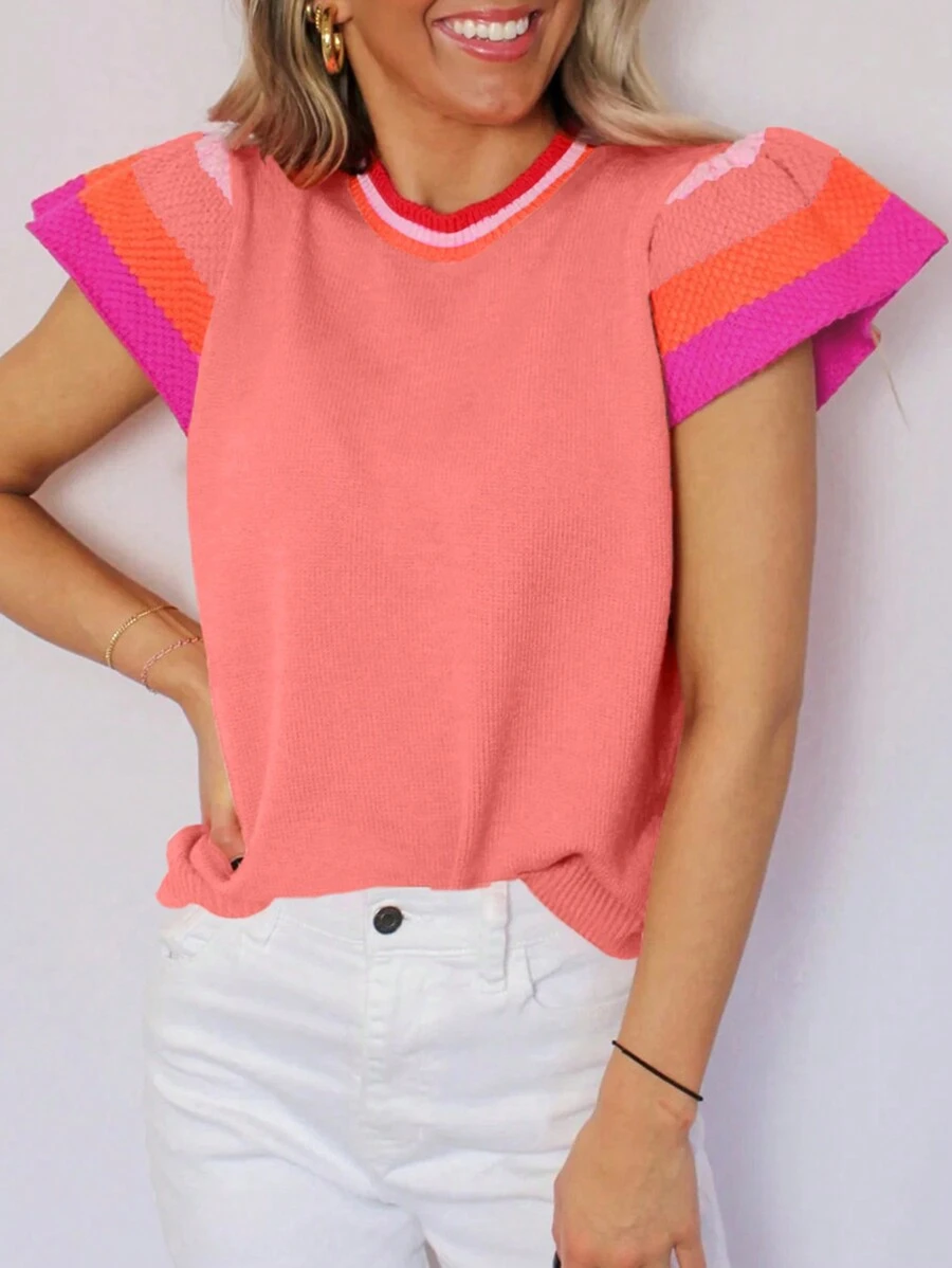 CILKOO 女士波点拼接针织运动背心，休闲夏季款 - 藕粉色 - 查看 1