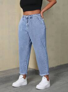 SHEIN CURVE+ Plus Size Women Denim Pants With Pleated Leg, Conical Leg Shape, Non-Stretch - Blue - View 6