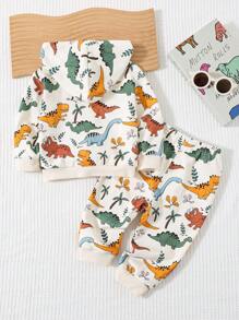 Cozy Pixies 2 件套可爱恐龙印花休闲装，包括连帽衫夹克和松紧腰运动裤，适合男婴秋季套装 - 杏色 - 查看 2