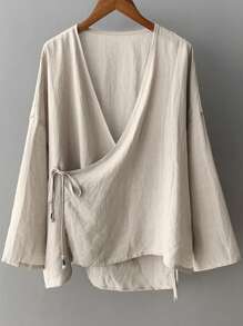 Plus Size Women's Linen Blend Tie Front Top, Loose Vintage Top - Beige - View 1