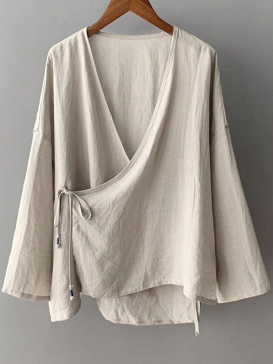 Plus Size Women's Linen Blend Tie Front Top, Loose Vintage Top - Beige - View 1