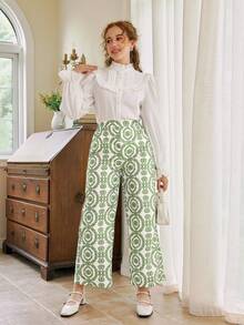 SHEIN Teenagers' Green Traditional Geometric Pattern Loose Lightweight Pants, Spring Autumn - Green - View 3
