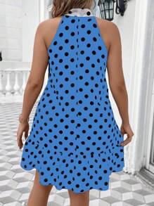 SHEIN Unity Damen Kleid in Große Größen mit Polka Punkt Muster, Rüschensaum und ärmellos mit Bindeband am Kragen - Königsblau - Übersicht 2