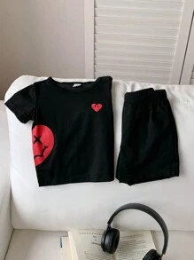 SHEIN 2 cái/bộ Em bé Con trai Giải trí Mặt Mẫu In Ngắn tay Áo thun Và Quần short , Mùa xuân/Mùa hè - màu đen - Xem 3