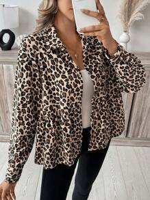 SHEIN Frenchy Women's Button Down Long Sleeve Casual Loose Fit Leopard Print Jacket Winter Cheetah - Multicolor - View 5