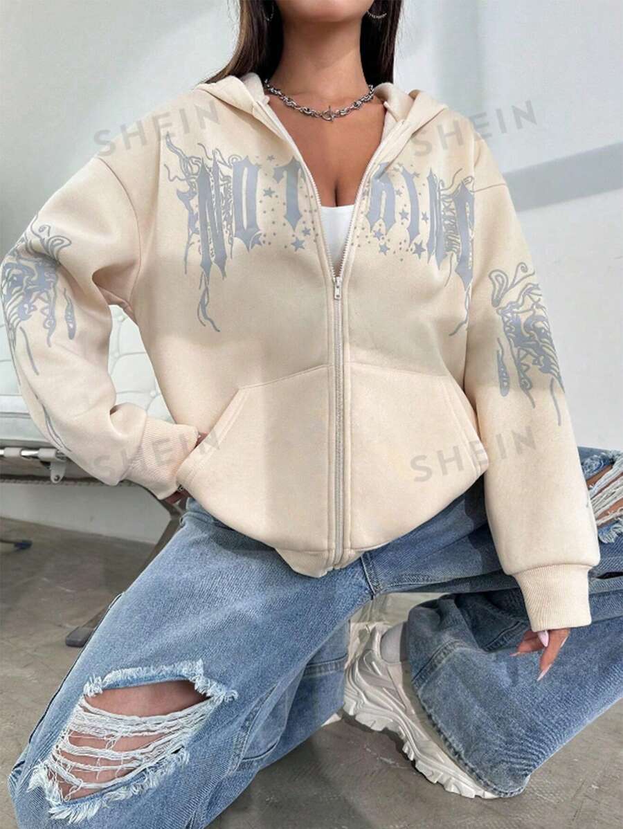 SHEIN Sudadera holgada con estampado de letras de felpa para adolescentes - Albaricoque - Ver 1