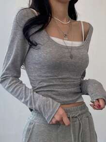 DAZY 2 件女式拼色休闲 T 恤套装，秋季服装长袖女式上衣 - 淺灰色 - 查看 3