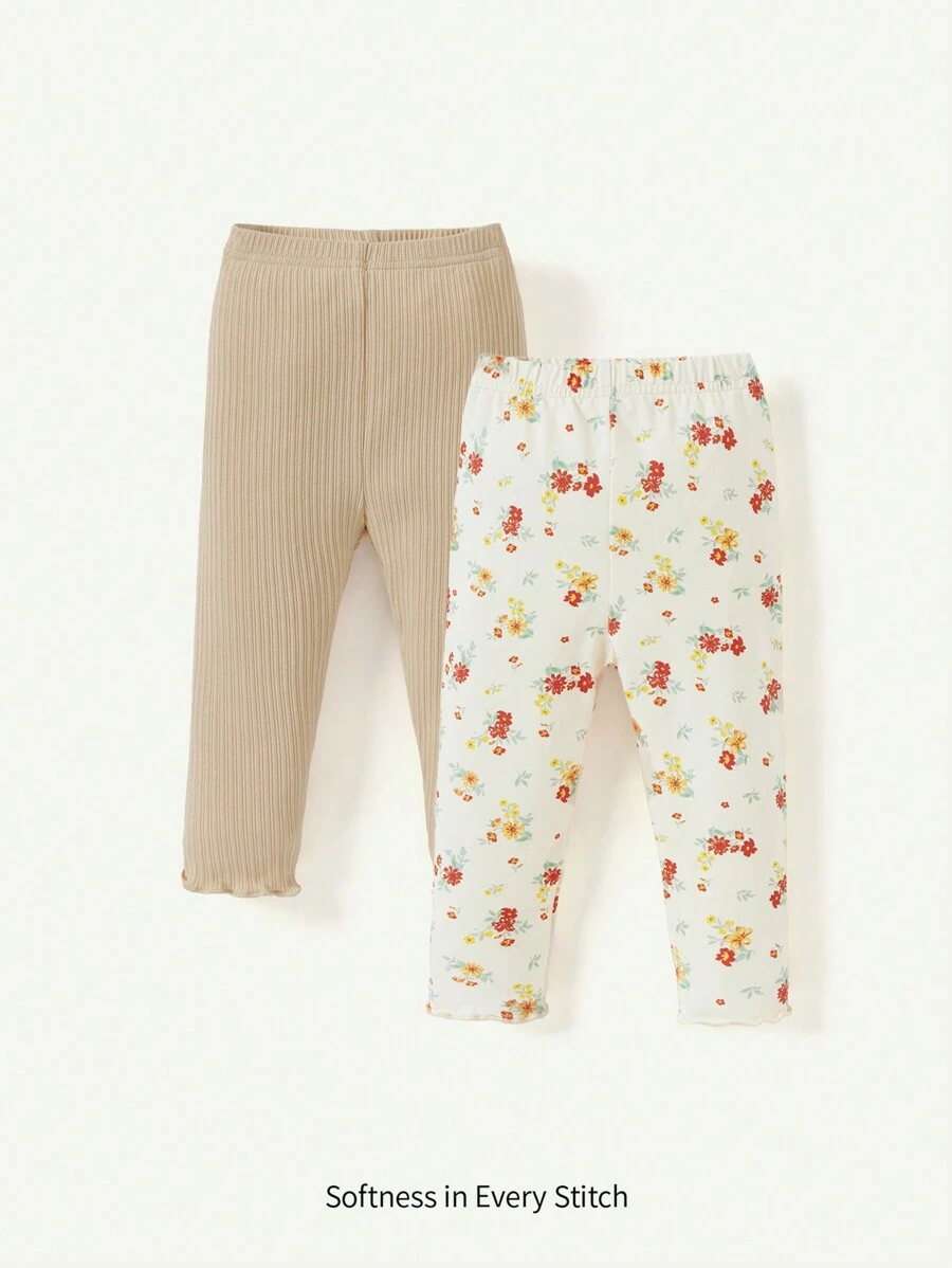 Cozy Pixies Bộ 2 chiếc quần legging in hoa màu trơn cho bé gái - Màu be - Xem 1