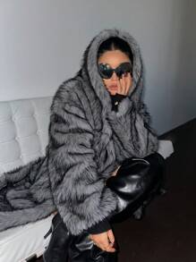 Flirla Plus Size Fluffy Hooded Long Sleeve Furry Coat, Winter Clothes Fall Cloth For Women Autumn - Dark Grey - View 8