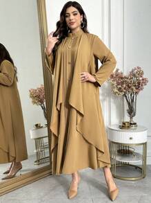 Al Najma Vestido largo y casual de manga larga con cuello alto y plisado, de unicolor, para mujer de talla grande. Elegante y modesto vestido largo maxi para uso casual diario, viajes, vacaciones, fiestas por la noche y como invitada de boda, apto para primavera y verano
