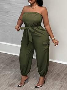 Slaydiva Plus Size Casual Streetwear Solid Color Strapless Jumpsuit With Belt, Pockets And Elastic Cuffs