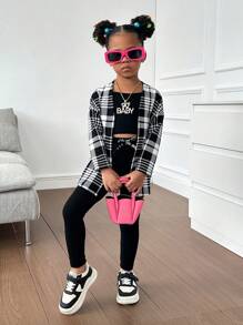 SHEIN Young Girl Plaid Print Open Front Top & Cami Top & Leggings