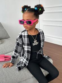 SHEIN Young Girl Plaid Print Open Front Top & Cami Top & Leggings