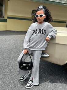 SHEIN Tween Girl Retro Collegiate Knit Crew Neck Long Sleeve Pullover Hoodie Set, Sibling & Me Matching Outfits (Sold Separately In Sets Of 2)