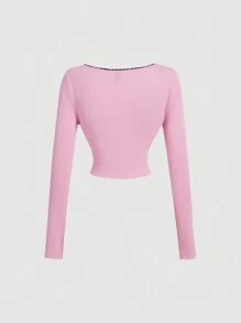 SHEIN MOD Áo thun dài tay màu hồng dễ thương cho nữ, Quần áo mùa thu cho nữ, Áo dài tay cho nữ, Áo mùa thu cho nữ - Hồng - Xem 2