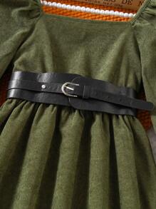 女童灯芯绒长袖方领连衣裙，优雅秋季服装配腰带 - 墨綠色 - 查看 4