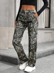 SHEIN EZwear 全印花休闲直筒牛仔裤，带口袋 - 彩色 - 查看 4