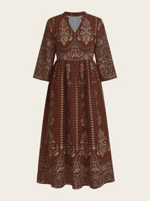 SHEIN Clasi 复古全印花缺口领休闲连衣裙，春秋 - 彩色 - 查看 1