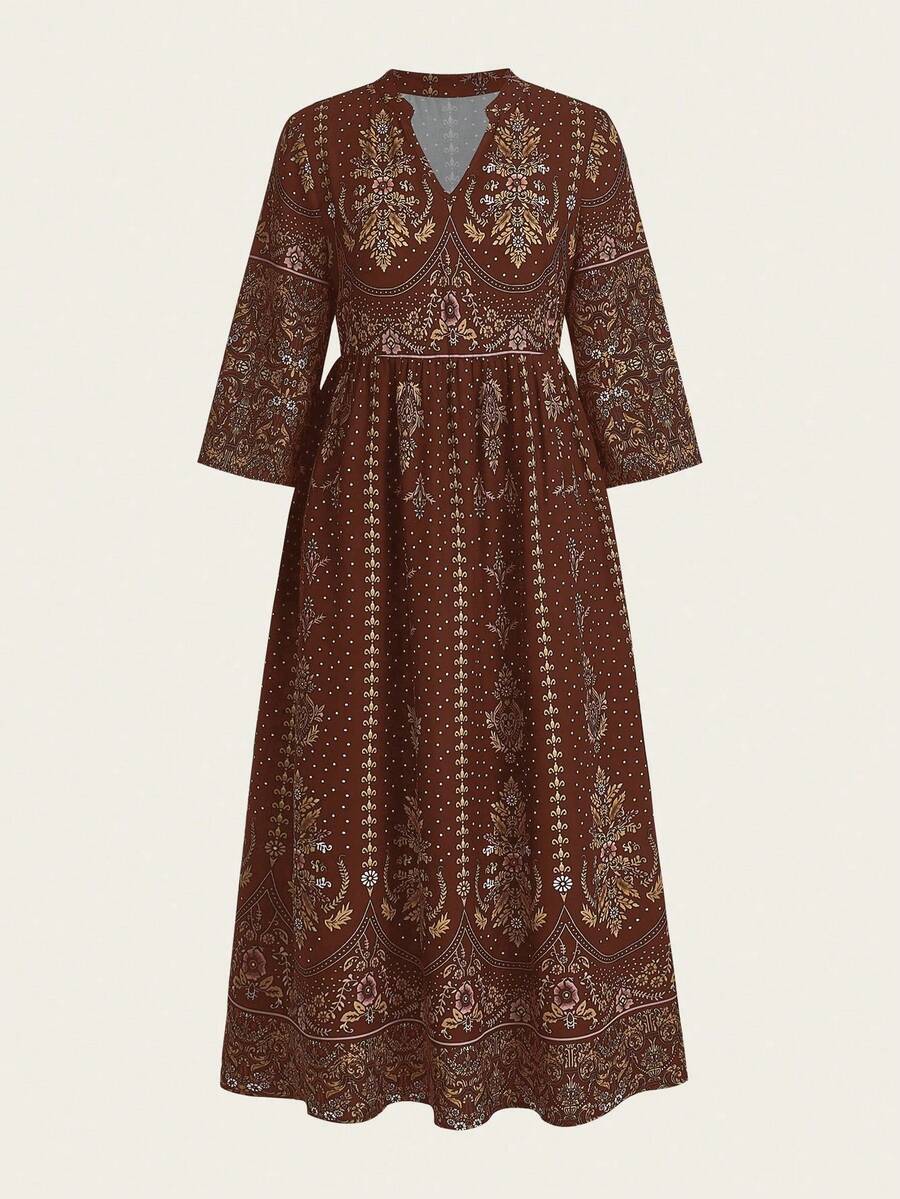 SHEIN Clasi 复古全印花缺口领休闲连衣裙，春秋 - 彩色 - 查看 1