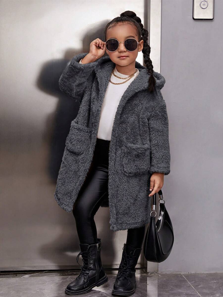 SHEIN Leap Crew Young Girl Solid Color Hooded Long Sleeve Cardigan With Pockets - Grey - View 1
