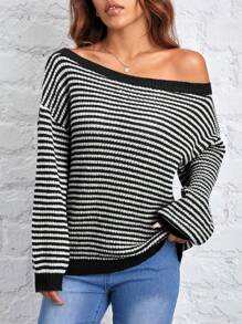 SHEIN PETITE Áo len trễ vai họa tiết sọc ấm áp cho chuyến đi chơi mùa thu đông - màu đen - Xem 1
