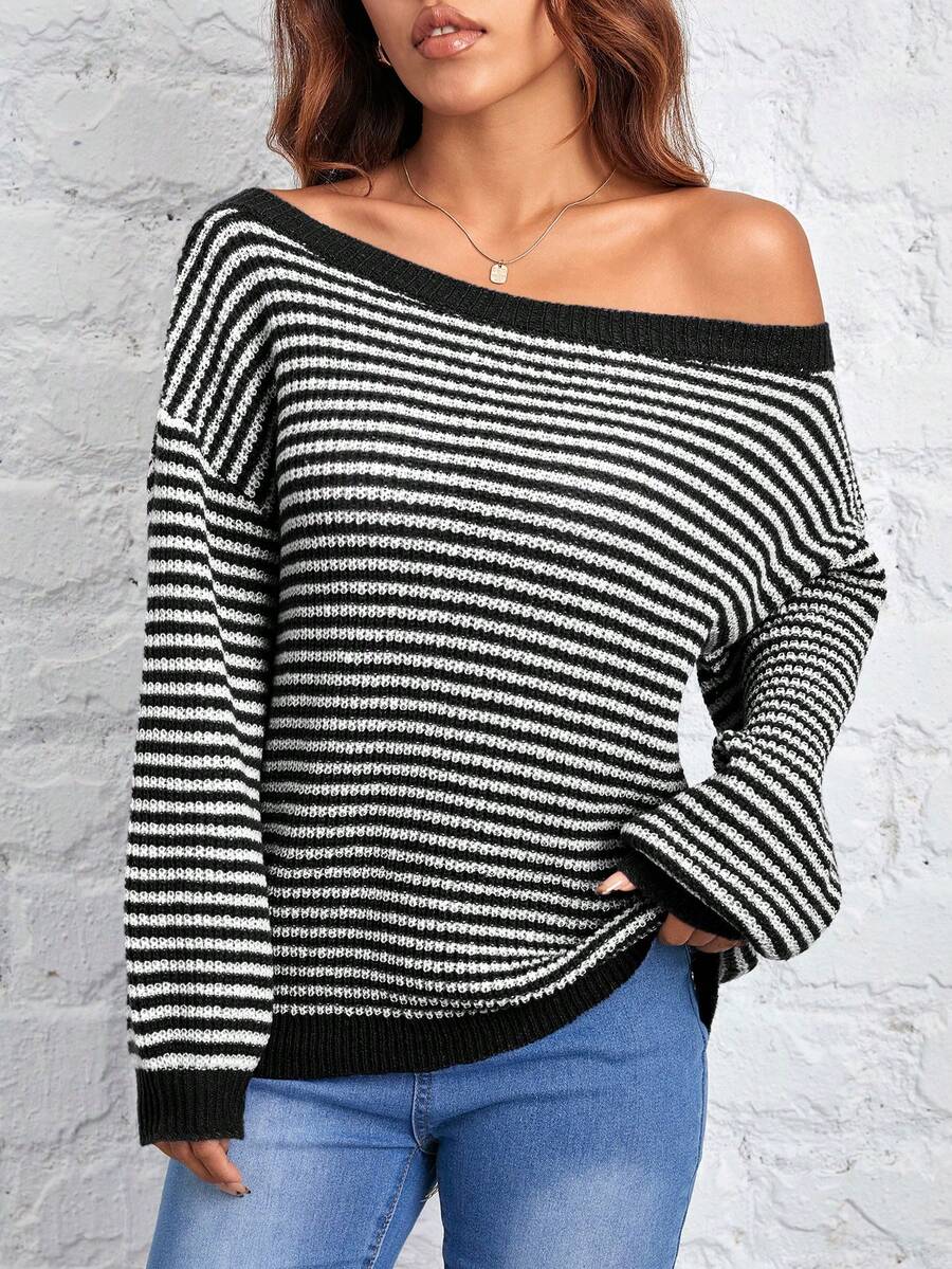 SHEIN PETITE Áo len trễ vai họa tiết sọc ấm áp cho chuyến đi chơi mùa thu đông - màu đen - Xem 1
