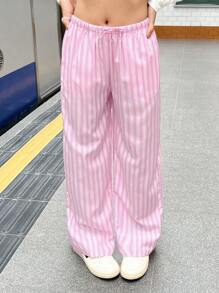 SHEIN Teen Girls Striped Cinched Waist Flare Leg Casual Palazzo Pants, Pink & White