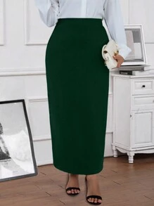 EMERY ROSE Falda larga recta de cintura alta de unicolor para mujeres de talla grande - Verde Oscuro - Ver 1