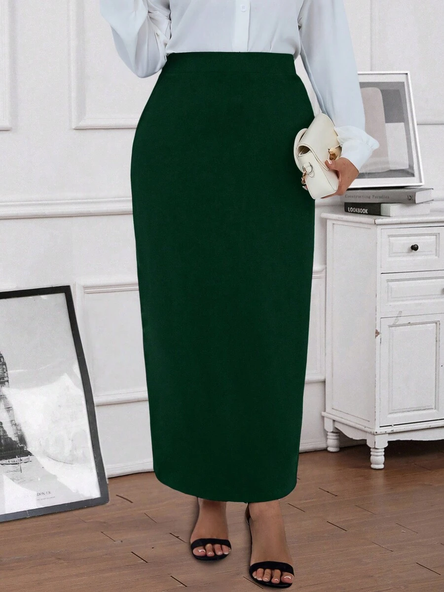 EMERY ROSE Falda larga recta de cintura alta de unicolor para mujeres de talla grande - Verde Oscuro - Ver 1