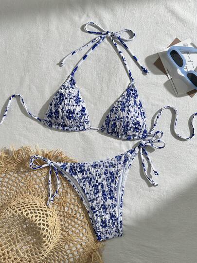 Swim Vcay 女士复古印花吊带系带简约日常比基尼套装夏季