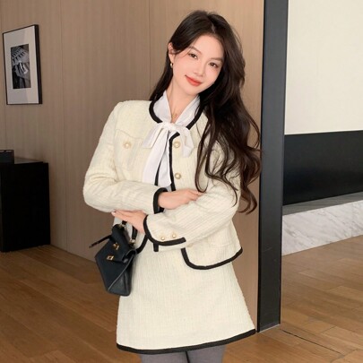 컬러블록 긴팔 라운드 넥 루즈핏 포켓 여성 재킷, 가을 여성 의류
