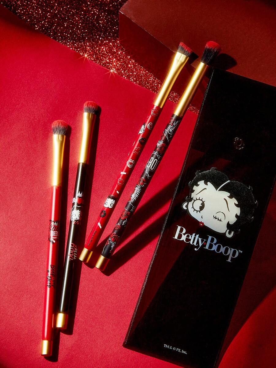 Betty Boop x SHEIN 4pcs Cartoon Character & Rose Pattern Eye Makeup Brushes Set With Storage Pouch, Gifts