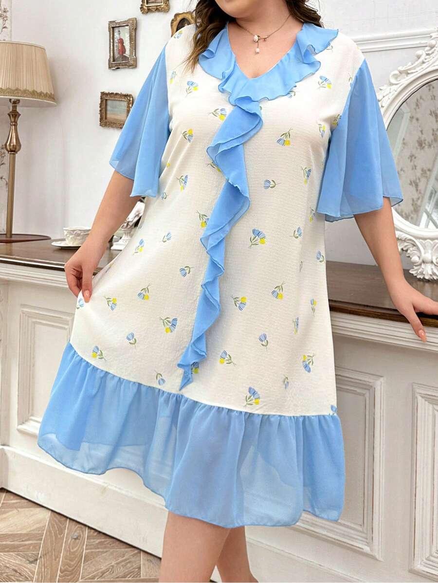 Camisón de talla grande con estampado floral y ribete con volantes - Azul - Ver 1