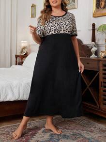 Große Größen Leoparden Patchwork Rundhals Kurzarm Nachthemd