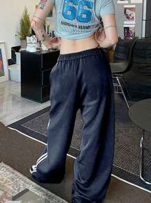 INAWLY Quần dài thường ngày có dây rút in sọc hai bên dành cho nữ có túi - Màu xanh hải quân - Xem 2