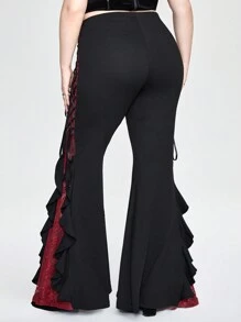 ROMWE Goth Pantalones acampanados de talla grande para mujeres con diseño a bloques de color, encaje y lazo en estilo punk oscuro - Negro - Ver 6