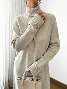SHEIN Cottnline Women Solid Color Turtleneck Drop Shoulder Long Sweater Dress - Beige - View 2
