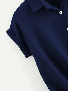 Franclia Solid Color Front Button Casual Short Sleeve Shirt, Summer,Short Sleeve Tops - Navy Blue - View 4