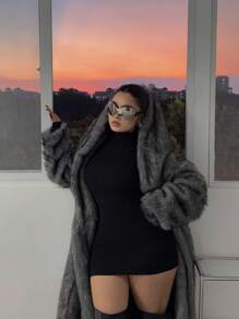 Flirla Plus Size Fluffy Hooded Long Sleeve Furry Coat, Winter Clothes Fall Cloth For Women Autumn - Dark Grey - View 4