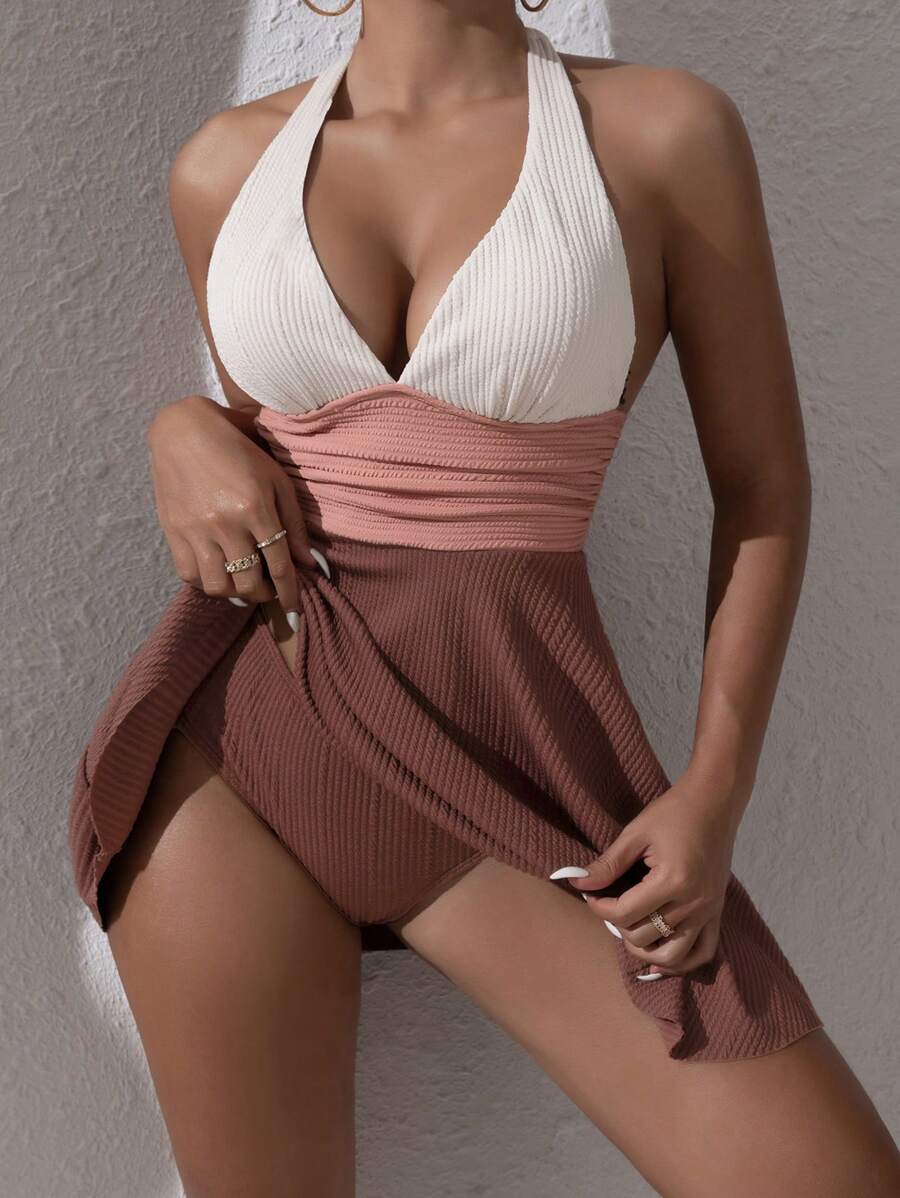 SHEIN Swim Women's Summer Deep V-Neck Minimalist Swim Dress, Colorblock Summer Beach - Multicolor - View 1