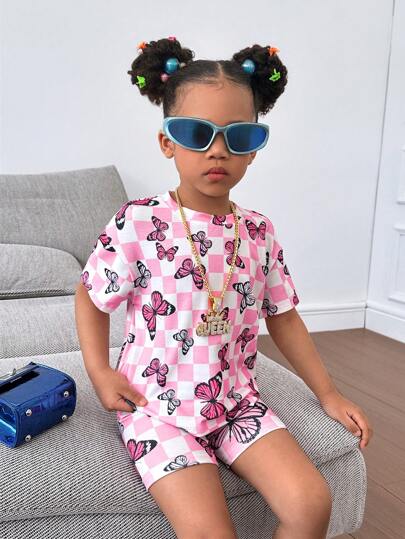 SHEIN Young Girl Butterfly Print Tee & Biker Shorts